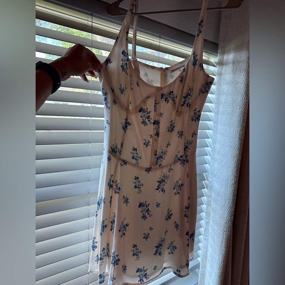 Reformation Dress size 10. White with blue floral